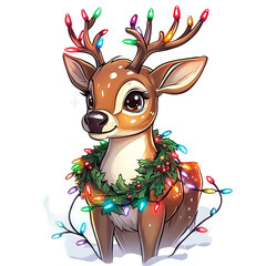 christmas reindeer with red ribbon, isolated on transparent background