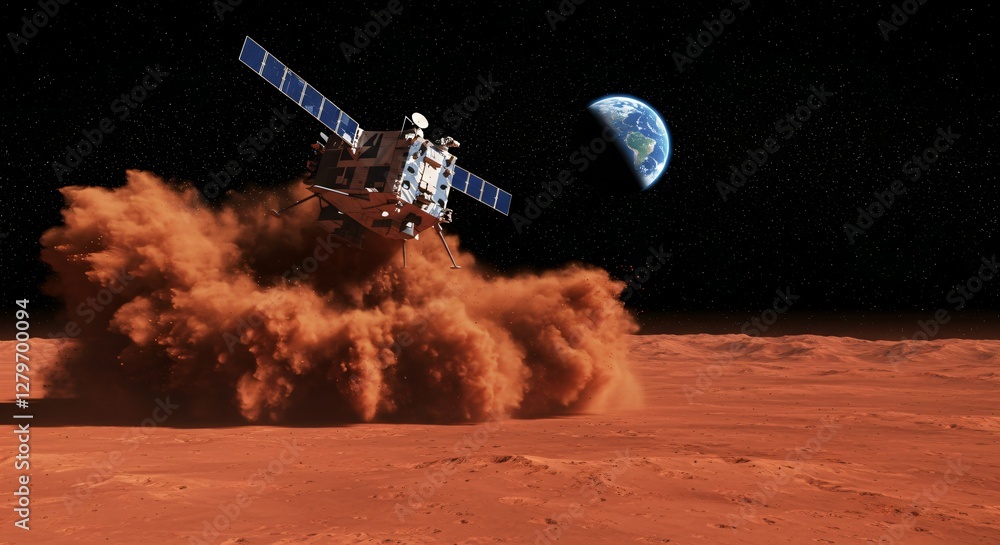 Poster satellite orbiting over dusty red mars surface with earth view from space. space exploration mission