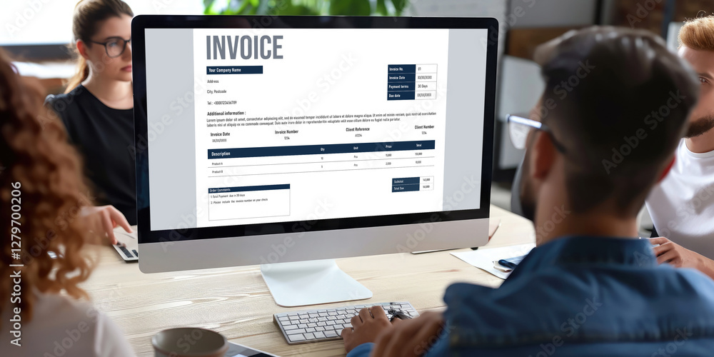 Poster invoice on computer screen from accounting application. computer program for financial and budget of