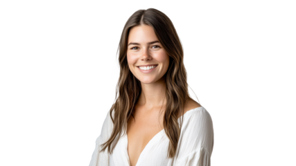 Smiling woman with long hair in bright attire