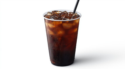 A plastic cup of iced coffee with a straw, against a white background, in high-resolution photography.