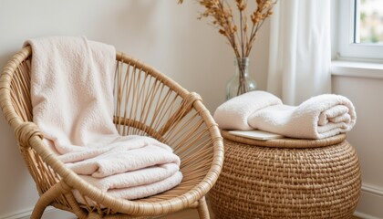 Fototapeta premium Cozy and Inviting Living Space with Rattan Chair and Soft Blankets in Neutral Tones
