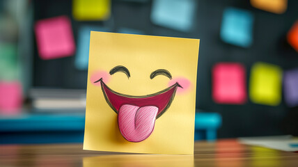 Whimsical sticky note featuring a hand-drawn happy face with tongue sticking out, set on a wooden surface with colorful background.