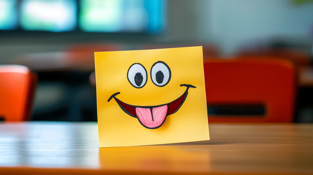 A cheerful, silly face drawn on a yellow square. Expression of fun. Perfect for lighthearted messages and playful content.