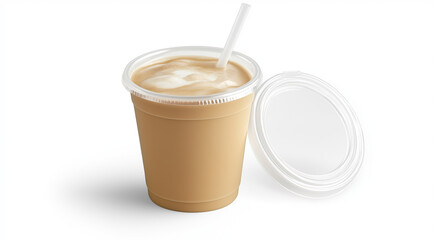 A plastic cup of iced coffee with a straw, against a white background, in high-resolution photography.