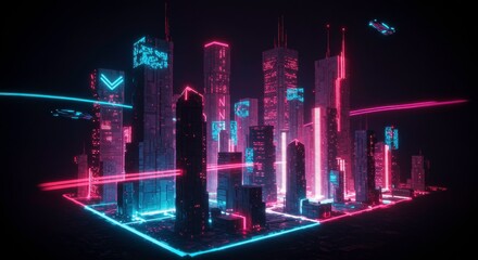 Neon Cityscape: A futuristic urban landscape glows with vibrant neon lights, showcasing towering skyscrapers, flying vehicles, and a mesmerizing display of technology and architecture. 