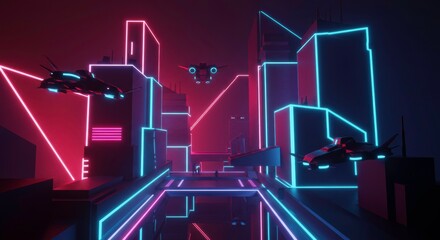 Fototapeta premium Neon Cityscape with Futuristic Vehicles: A vibrant, futuristic city comes alive with neon lights and hovering vehicles, offering a dynamic and high-tech visual experience.
