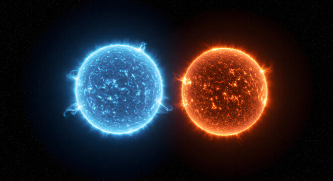 A binary star system with two suns orbiting each other, one red and one blue