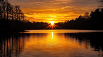 Obraz premium A glowing sunset casting warm orange hues over a still lake, perfect for copy space.