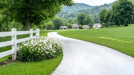 Obraz premium Countryside driveway leads to houses, green hills
