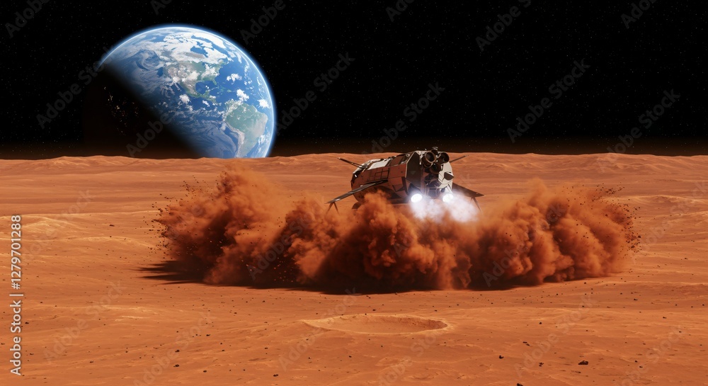 Poster mars landing spacecraft raising dust cloud on red planet surface with earth rising in black space ba