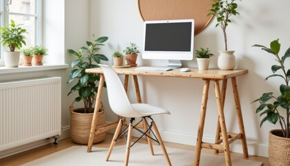 Cozy and Bright Workspace with Plants and Modern Desk in Minimalist Home Interior Design