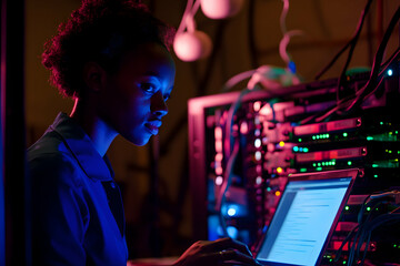 Focused female IT specialist configuring server systems in a data center with advanced technology, ensuring seamless data flow, and maintaining infrastructure