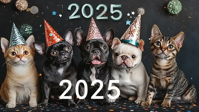 Adorable Pets Celebrate 2025:  French Bulldogs, Cats, and Kittens in Party Hats for New Year