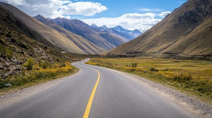 Naklejka premium A high-altitude mountain pass surrounded by steep cliffs, bright sky, and ample copy space.