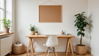 Cozy Minimalist Home Office with Plants and Natural Wood Desk in Bright Room Interior Design