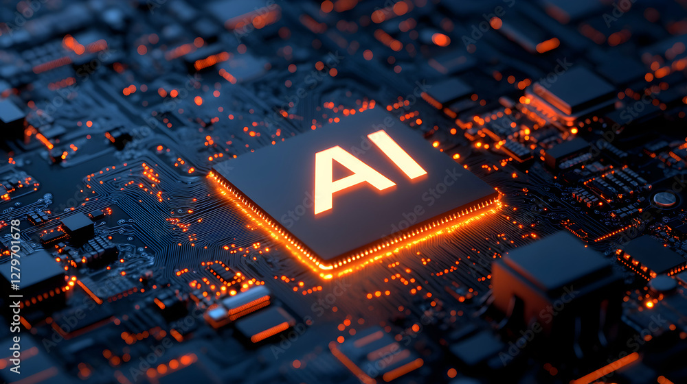 Poster futuristic ai chip on motherboard, harnessing the power of artificial intelligence for advanced tech