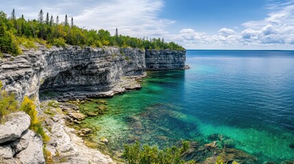 A high-angle view of a beach cove with clear blue water, rocky cliffs, and wide open sky.