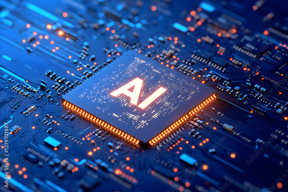 Poster futuristic ai microchip on circuit board, powering the future of artificial intelligence and technol