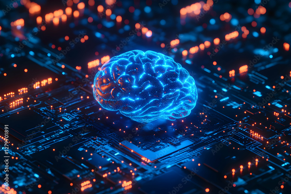 Poster futuristic brain hovering above a computer motherboard, showcasing artificial intelligence, advanced