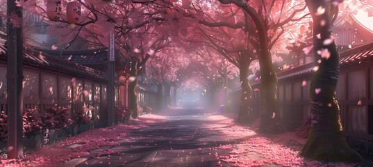 Obraz premium A picturesque road is beautifully adorned with cherry blossom trees on both sides, their pink flowers creating a stunning canopy overhead, inviting onlookers to enjoy the serene beauty of nature.