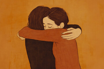 A hand drawn, warm toned illustration of a supportive hug between two friends, one offering comfort and solace.