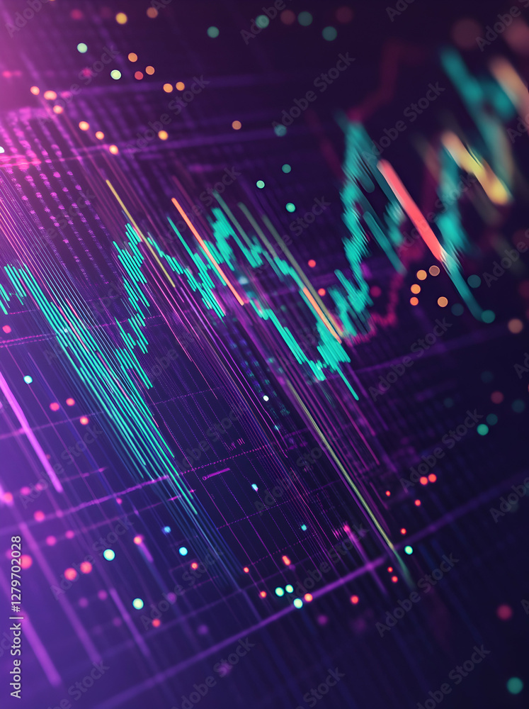 Poster futuristic financial analysis interface, stock market data visualization with glowing lines and part