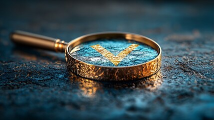 Golden Checkmark Under Magnifying Glass on Dark Blue Surface