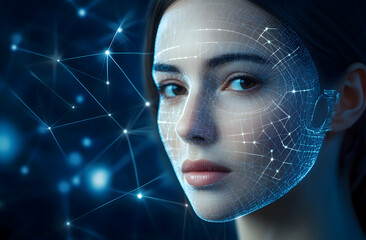 Futuristic Female Portrait with Digital Face Mapping Technology and Glowing Connections, Exploring Artificial Intelligence and Personalized Medicine Applications