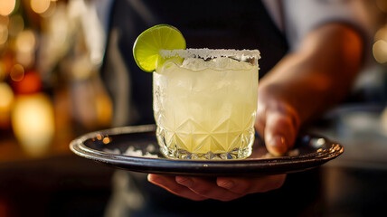 Refreshing cocktail served on a tray, adorned with a lime slice and a sugared rim, perfect for a summer evening or special celebration.
