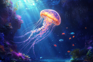 Fototapeta premium A surreal, glowing jellyfish drifting through a deep ocean scene, its long tendrils illuminated with bioluminescent colors. Tiny fish swim nearby, adding to the otherworldly beauty and serene