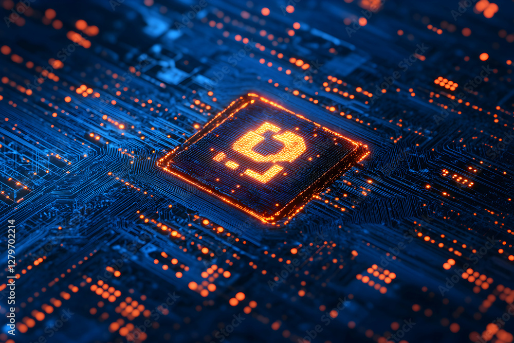 Aufkleber futuristic technology concept, close-up of a glowing microchip on a blue circuit board emitting a wa