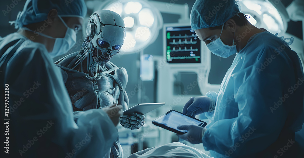 Poster futuristic surgery with human doctors and advanced robot assistant, showcasing ai integration in mod
