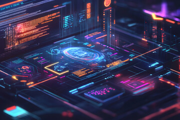 Obraz premium Futuristic Technology Interface Displaying Complex Data and Digital Information, Representing Artificial Intelligence and Advanced Computing Systems