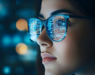 Futuristic vision, Woman with glasses reflecting digital technology and glowing circuit patterns, embodying innovation and advanced data visualization