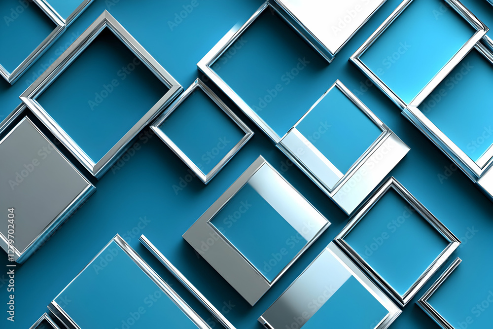 Poster geometric harmony, an abstract composition of interlocking blue and silver squares creating a modern