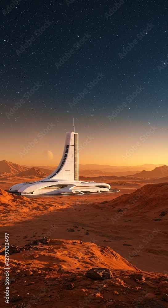 Poster futuristic space station building on mars surface with stars in dark sky. martian landscape with mod