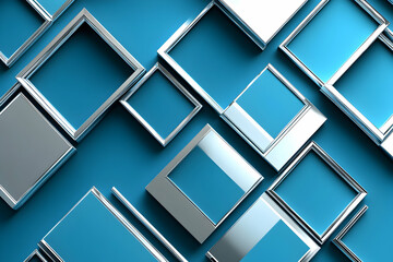 Geometric Harmony, An Abstract Composition of Interlocking Blue and Silver Squares Creating a Modern, Sophisticated Visual Display with Depth and Texture