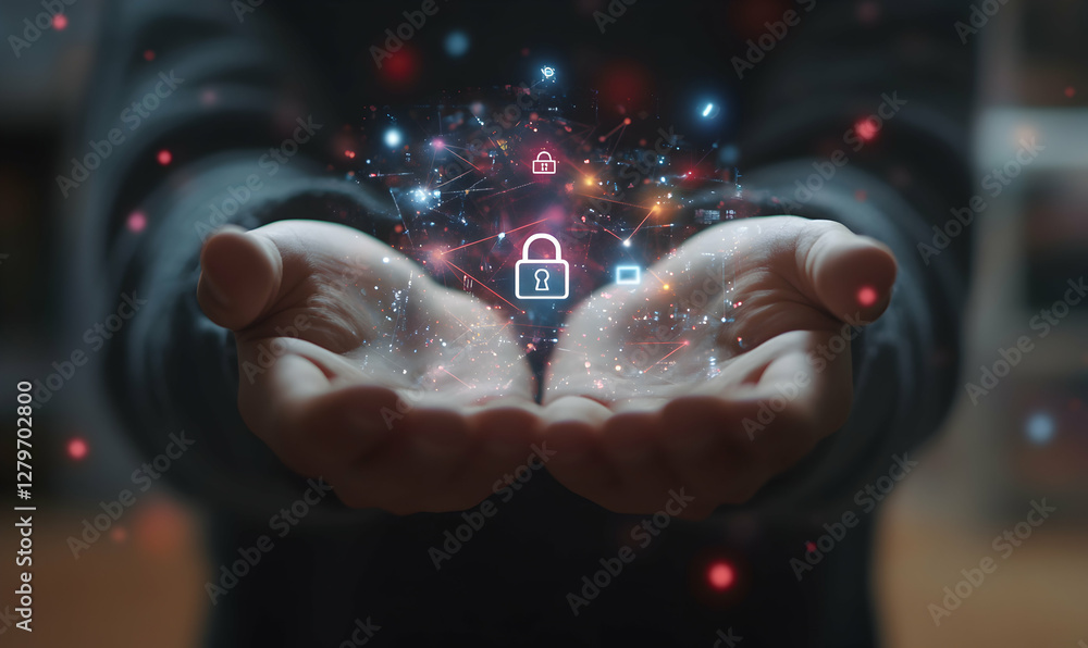 Poster hands holding a digital padlock, illustrating cybersecurity and data protection, showcasing network 