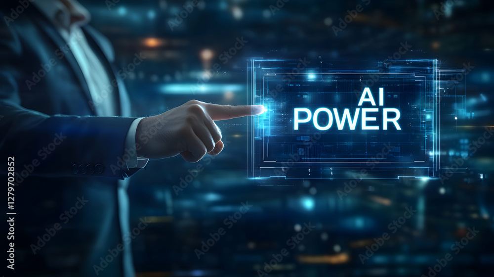 Poster harnessing the power of artificial intelligence, a businessman activating ai interface to drive inno