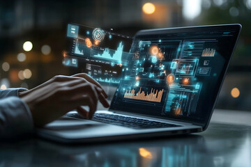 Hands-on technology, Navigating digital landscapes with a modern laptop interface displaying dynamic data visualizations and futuristic elements for a professional workspace