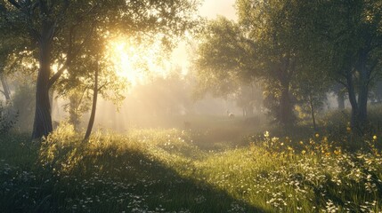Fototapeta premium A misty forest at sunrise with golden light streaming through trees, tranquil and open.