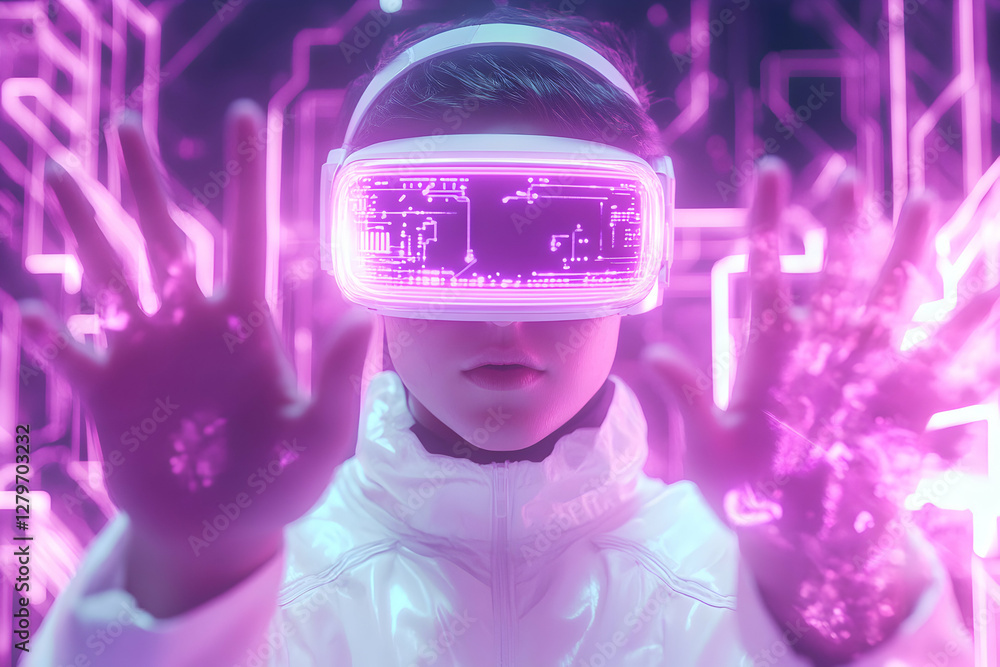 Poster immersive virtual reality experience, young person exploring digital worlds with advanced vr headset