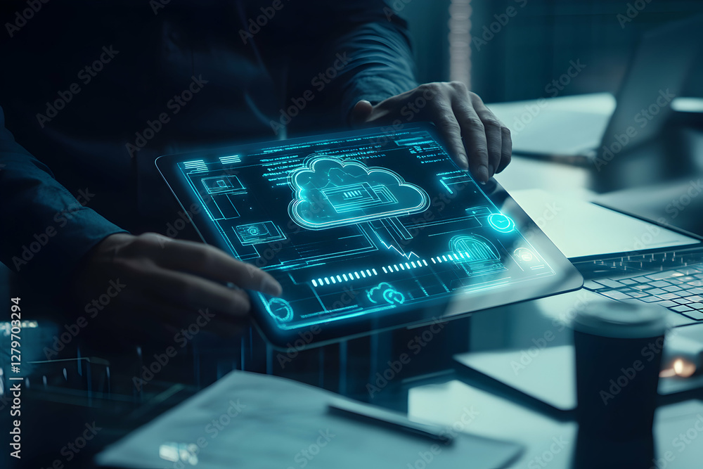 Poster innovative cloud technology interface concept displayed on a digital tablet, showcasing futuristic d