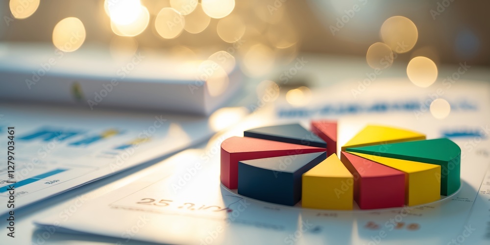 Aufkleber colorful pie chart and data reports displayed on a desk in a well-lit office environment focusing on