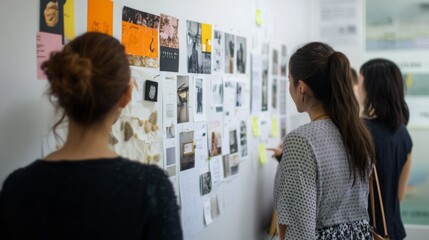 Women reviewing design ideas on a wall mural
