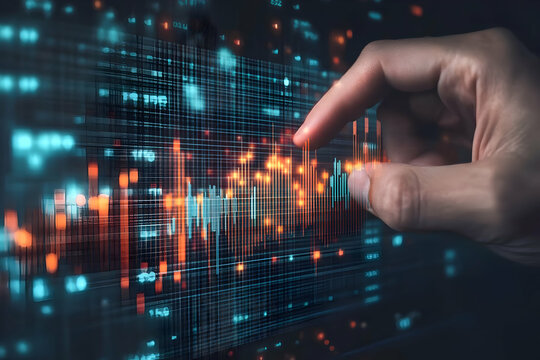 Interactive Data Analysis, Hand on Digital Screen Visualizing Stock Market Trends and Financial Data for Informed Investment Decisions and Predictive Analytics