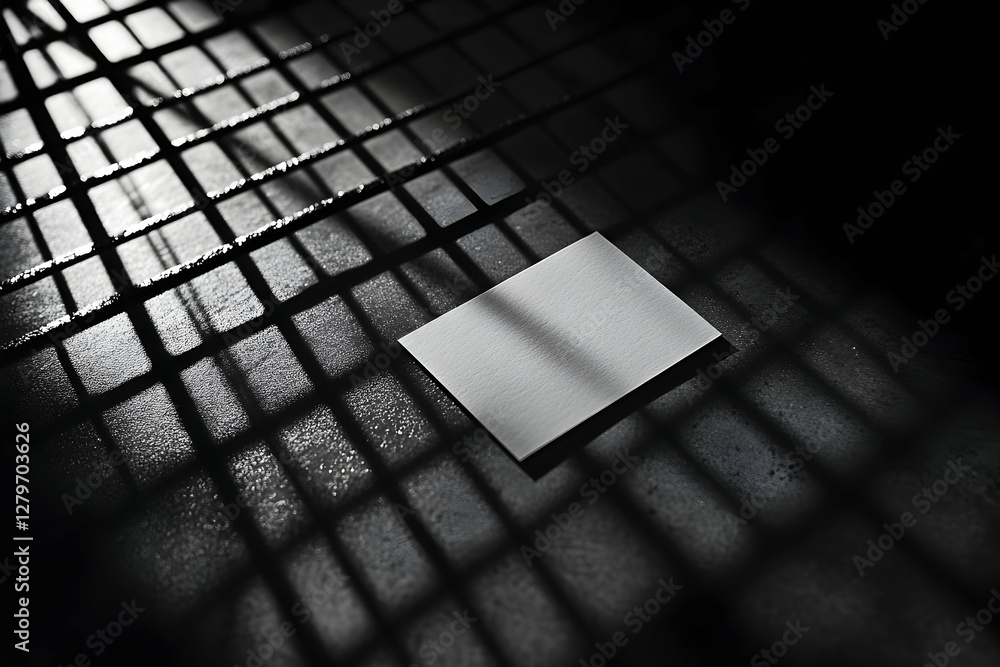 Poster minimalist presentation of a blank white square card casting geometric shadows on a textured dark su
