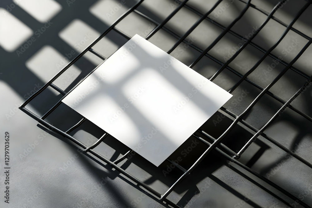 Poster minimalist presentation, square card mockup on black wire rack with window shadows creating an artis