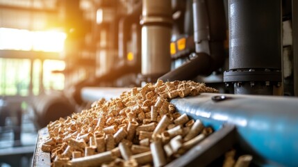 Wood pellets on conveyor belt in a factory